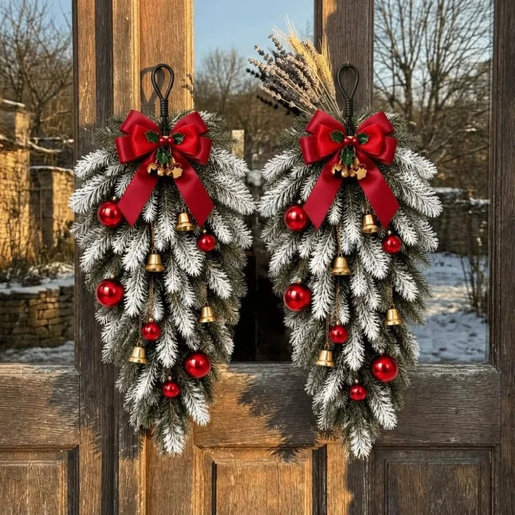 Ensemble de Décoration de Noël – Guirlande de Sapin, Couronne Dorée, Cloches & Nœuds Rouges