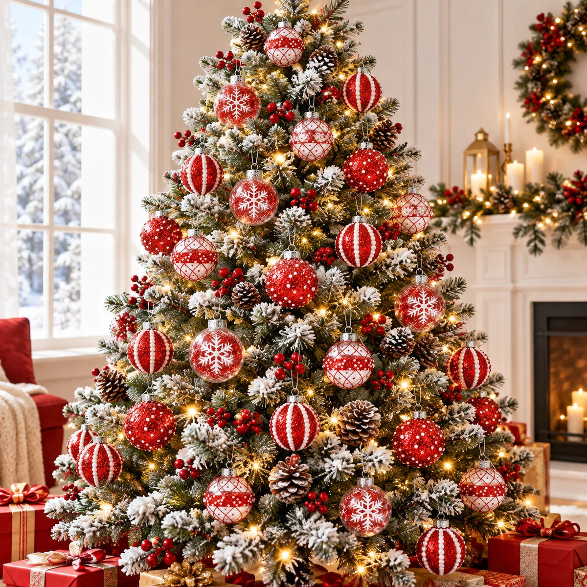 Coffret de 12 Boules de Noël Rouge & Transparent – 4 Styles Scintillants