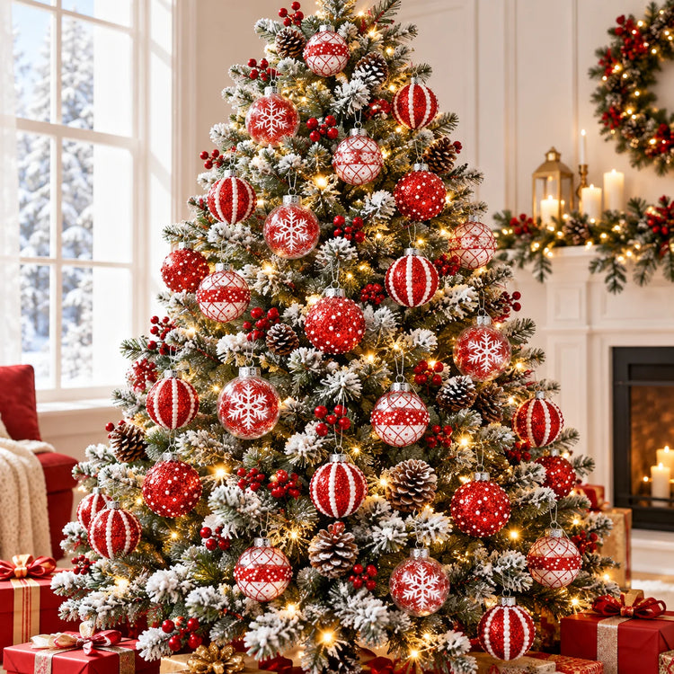 Coffret de 12 Boules de Noël Rouge & Transparent – 4 Styles Scintillants