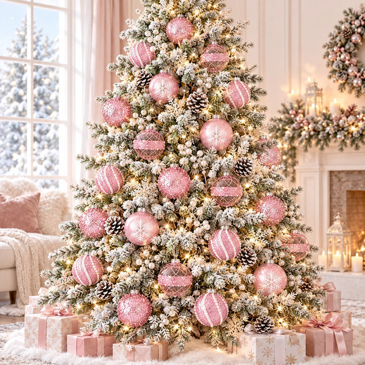Coffret de 12 Boules de Noël Rose & Transparent – 4 Motifs Scintillants