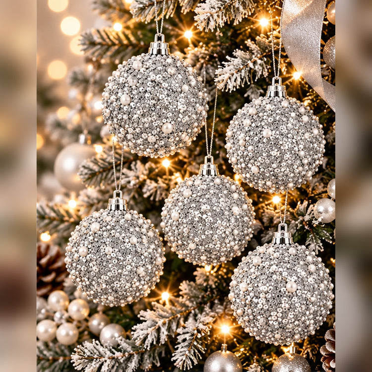 Coffret de 6 Boules de Noël Argentées – Paillettes, Sequins & Perles Élégantes
