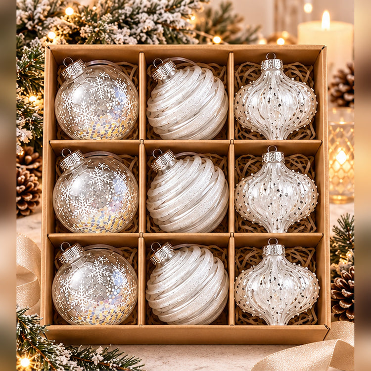 Coffret de 9 Boules de Noël Irisées à Paillettes – Blanc Cristallin