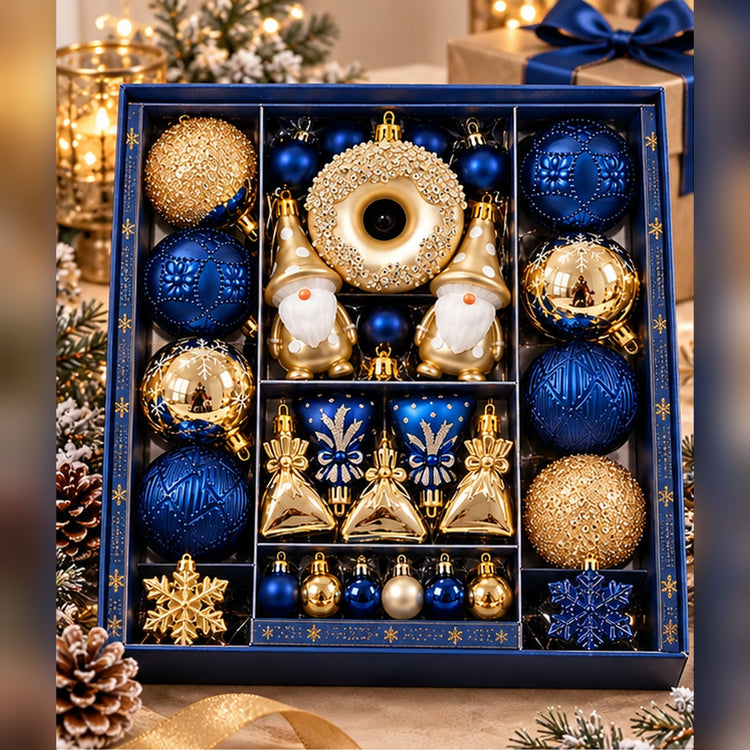 Coffret de 60 Décorations de Noël Bleu & Or – Formes Variées et Élégantes