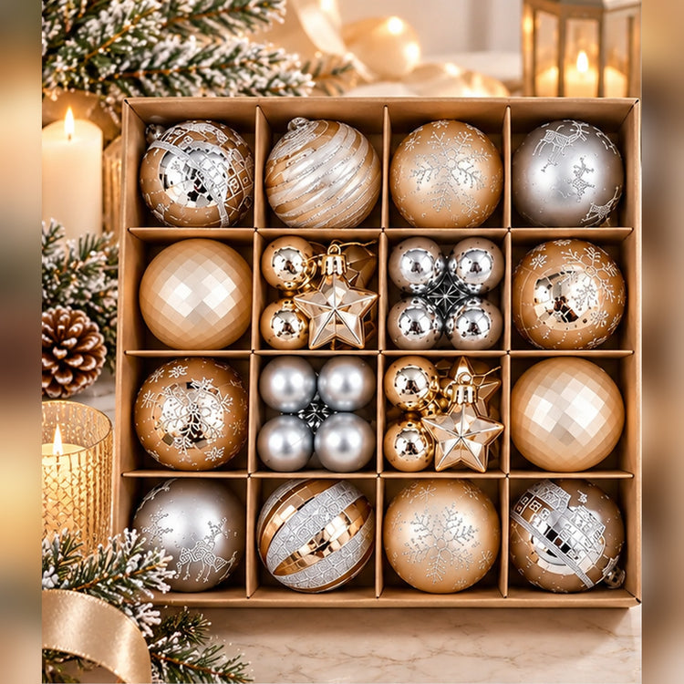 Coffret de 44 Décorations de Noël Champagne, Argent & Or – Boules et Étoiles Scintillantes