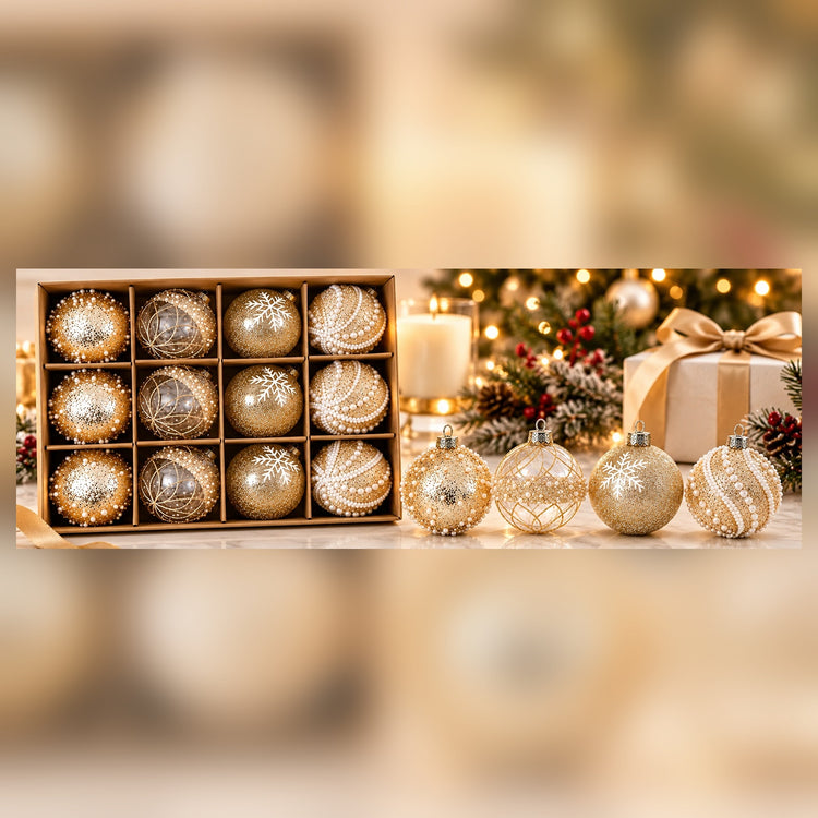 Coffret de 12 Boules de Noël Champagne & Or – 4 Motifs Élégants