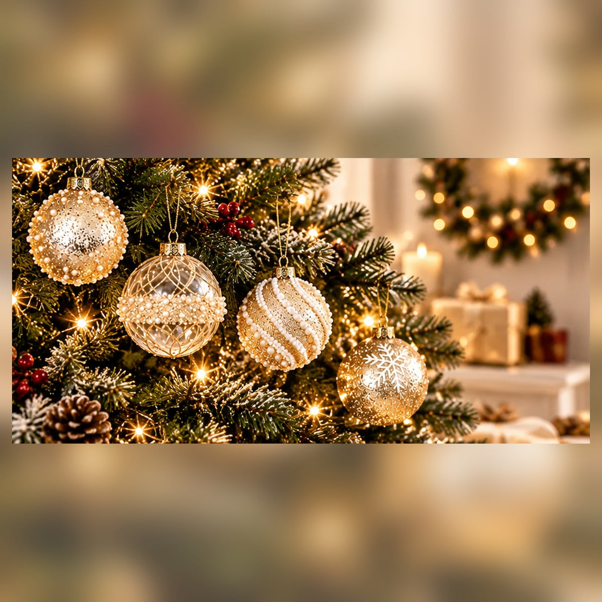 Coffret de 12 Boules de Noël Champagne & Or – 4 Motifs Élégants