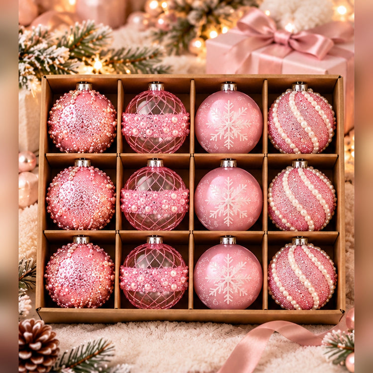 Coffret de 12 Boules de Noël Rose & Transparent – 4 Motifs Scintillants
