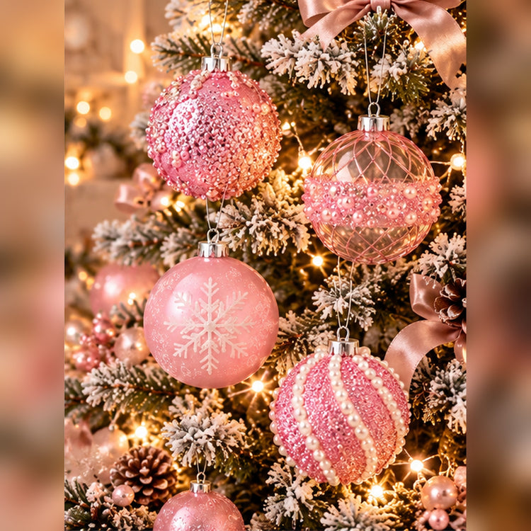 Coffret de 12 Boules de Noël Rose & Transparent – 4 Motifs Scintillants