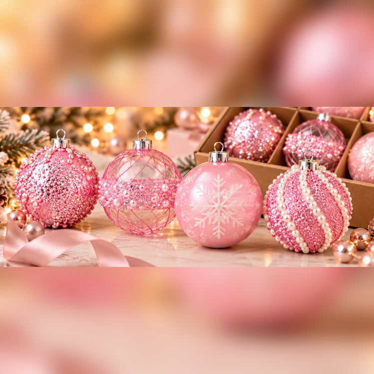 Coffret de 12 Boules de Noël Rose & Transparent – 4 Motifs Scintillants