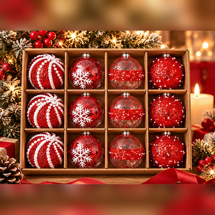 Coffret de 12 Boules de Noël Rouge & Transparent – 4 Styles Scintillants