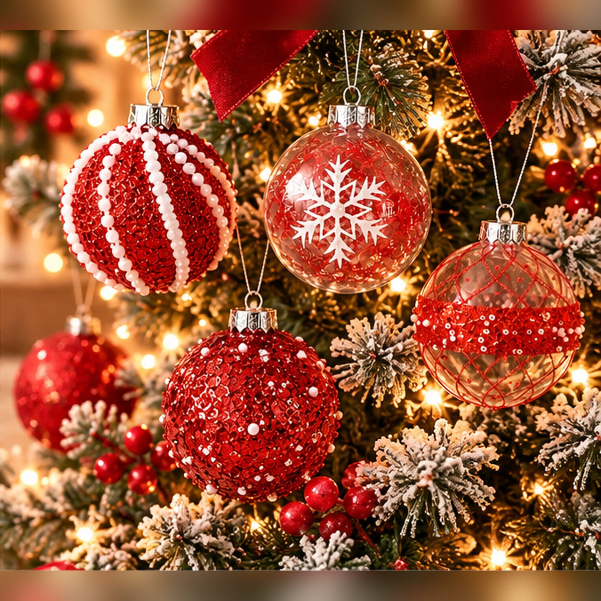 Coffret de 12 Boules de Noël Rouge & Transparent – 4 Styles Scintillants