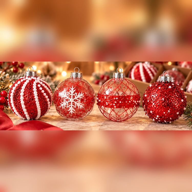 Coffret de 12 Boules de Noël Rouge & Transparent – 4 Styles Scintillants