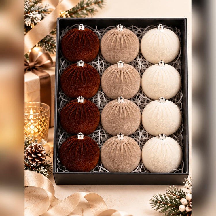Coffret de 12 Boules de Noël en Velours – Tons Naturels Élégants