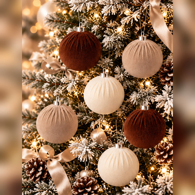 Coffret de 12 Boules de Noël en Velours – Tons Naturels Élégants