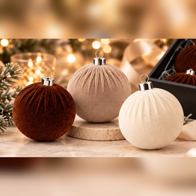 Coffret de 12 Boules de Noël en Velours – Tons Naturels Élégants